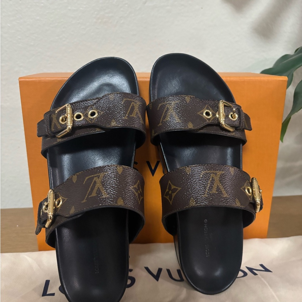 Original Louis Vuitton Bom Dia Flat Mule 1A3R5M Monogram Brown Sandals Size 38 - Picture 3 of 14